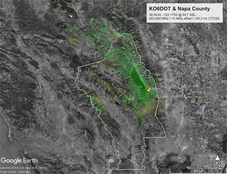 Coverage map of Napa County on Google Earth imagery: predicted signal is shaded green around Lake Berryessa and its eastern hills, from the repeater at 38.5434, -122.1755, 841 feet above sea level.